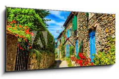 Obraz s hodinami 1D panorama - 120 x 50 cm F_AB246836788 - Beautiful colorful medieval alley in Yvoire town in France - Krásná barevná středověká ulička ve městě Yvoire ve Francii