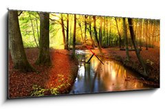 Obraz s hodinami 1D panorama - 120 x 50 cm F_AB2491033 - sun rays in forest