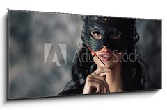 Obraz s hodinami 1D panorama - 120 x 50 cm F_AB254214025 - portrait of sexy beautiful woman in lace black erotic lingerie and carnival mask on dark background - portrt sexy krsn ena v krajkov ern erotick prdlo a karnevalov masky na tmavm pozad