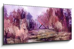 Obraz s hodinami 1D panorama - 120 x 50 cm F_AB257481152 - Oil painting colorful autumn trees. Vintage paint color image of landscape, forest with yellow, red leaf and lake. Autumn, Fall season nature background. Hand Painted Impressionist, outdoor landsc - Olejomalba barevné podzimní stromy. Vintage barevný obraz krajiny, lesa se žlutými, červenými listy a jezerem. Podzim, podzim sezóna přírodní pozadí. Ručně malovaný impresionista, venkovní krajina