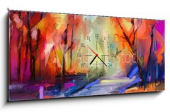 Obraz s hodinami 1D panorama - 120 x 50 cm F_AB257481491 - Oil painting colorful autumn trees. Semi abstract image of forest, landscapes with yellow - Olejomalba barevné podzimní stromy. Semi abstraktní obraz lesa, krajiny se žlutou