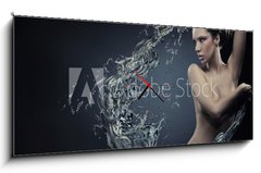 Obraz s hodinami 1D panorama - 120 x 50 cm F_AB26154953 - Beautiful women over water splash