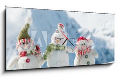 Obraz s hodinami 1D panorama - 120 x 50 cm F_AB26166286 - Happy snowmans in mountain - Happy snowmans v horách