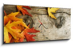 Obraz s hodinami 1D panorama - 120 x 50 cm F_AB26583135 - Autumn Leaves over wood background.With copy space