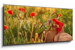 Obraz s hodinami 1D panorama - 120 x 50 cm F_AB276027409 - Basket of wildflowers with straw hat in sunlit poppy field