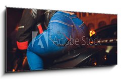 Obraz s hodinami 1D panorama - 120 x 50 cm F_AB276172371 - biker woman