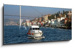 Obraz s hodinami 1D panorama - 120 x 50 cm F_AB27806686 - Boat, Bridge over Bosporus and Houses at the coast in Istanbul - Loď, most přes Bospor a domy na pobřeží v Istanbulu