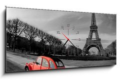 Obraz s hodinami 1D panorama - 120 x 50 cm F_AB28112143 - Tour Eiffel et voiture rouge- Paris