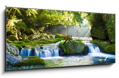 Obraz s hodinami 1D panorama - 120 x 50 cm F_AB28670159 - Virgin forest and shaft beam of light - Panenský les a hřídel světelného paprsku