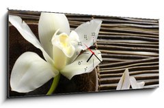 Obraz s hodinami 1D panorama - 120 x 50 cm F_AB28682309 - bowl of orchid, petal on bamboo mat