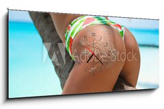 Obraz s hodinami 1D panorama - 120 x 50 cm F_AB286853872 - Outdoor Closeup of Fit buttocks. Fitness woman on a palm tree. Sexy Ass over exotic beach. Sporty concept. Summertime vacation.
