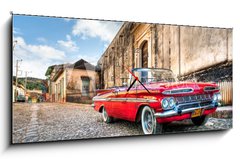 Obraz s hodinami 1D panorama - 120 x 50 cm F_AB28895632 - Red Chevrolet