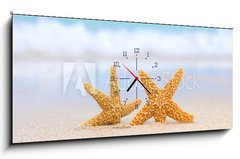 Obraz s hodinami 1D panorama - 120 x 50 cm F_AB28897412 - two starfish on beach, blue sea and white boat - dvě hvězdice na pláži, modré moře a bílé čluny