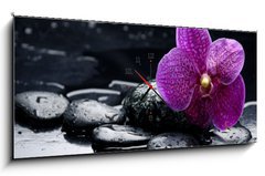 Obraz s hodinami 1D panorama - 120 x 50 cm F_AB28907297 - still life with pebble and orchid with water drops