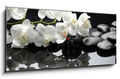Obraz s hodinami   Close up white orchid with stone water drops, 120 x 50 cm