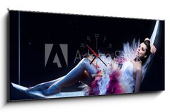 Obraz s hodinami 1D panorama - 120 x 50 cm F_AB29032686 - Beauty brunette lying on the crescent moon