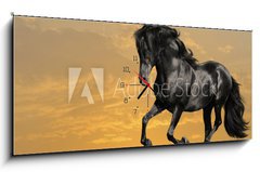 Obraz s hodinami 1D panorama - 120 x 50 cm F_AB29158232 - black horse runs gallop