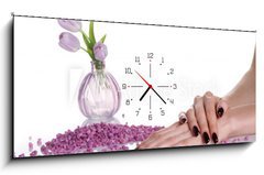 Obraz s hodinami 1D panorama - 120 x 50 cm F_AB29403820 - Dark mancure, spa stones and lilac vase with tulips