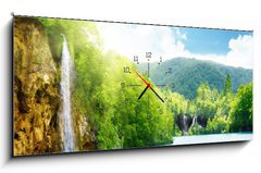 Obraz s hodinami 1D panorama - 120 x 50 cm F_AB29434410 - waterfall in deep forest