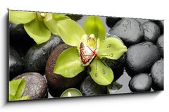 Obraz s hodinami 1D panorama - 120 x 50 cm F_AB30029365 - therapy stones and orchid flower with water drops