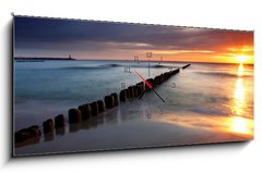 Obraz s hodinami 1D panorama - 120 x 50 cm F_AB30334255 - Beautiful sunrise at baltic beach in Poland - Hel