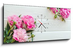 Obraz s hodinami 1D panorama - 120 x 50 cm F_AB313371368 - Pink peony flowers on white wooden table. womans day or wedding background. Top view.