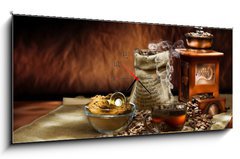 Obraz s hodinami 1D panorama - 120 x 50 cm F_AB31588621 - coffee composition - složení kávy