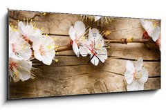 Obraz s hodinami   Wood background with spring blossom, 120 x 50 cm