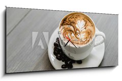 Obraz s hodinami 1D panorama - 120 x 50 cm F_AB320686754 - Fresh brewed coffee with fern pattern latte art in white cup