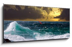 Obraz s hodinami 1D panorama - 120 x 50 cm F_AB32168935 - wave during storm in sunset time - vlna bhem boue pi zpadu slunce