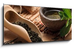 Obraz s hodinami 1D panorama - 120 x 50 cm F_AB32197199 - Cup of fresh green tea