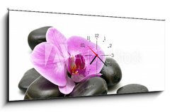 Obraz s hodinami 1D panorama - 120 x 50 cm F_AB32282499 - Pink orchid and zen Stones on a white background - Rov orchidej a zen kameny na blm pozad