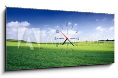 Obraz s hodinami 1D panorama - 120 x 50 cm F_AB3256956 - russia summer landscape - green fileds, the blue sky and white c