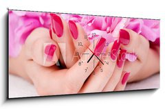 Obraz s hodinami   Woman cupped hands with manicure holding a pink flower, 120 x 50 cm