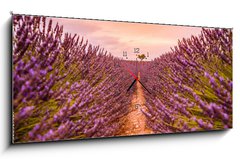 Obraz s hodinami 1D panorama - 120 x 50 cm F_AB328521401 - Dramatic sunset landscape. Tree in lavender field at sunset in Provence, France