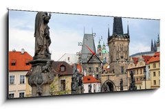 Obraz s hodinami 1D panorama - 120 x 50 cm F_AB32998558 - walk over the Charles Bridge in Prague, Czech Republic