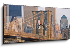 Obraz s hodinami 1D panorama - 120 x 50 cm F_AB332057516 - View of the World Trade Towers, Brooklyn Bridge with TV helicopter, New York City, NY