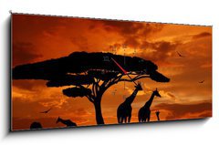 Obraz s hodinami 1D panorama - 120 x 50 cm F_AB33526159 - herd of giraffes in the setting sun