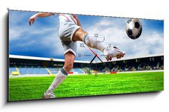 Obraz s hodinami 1D panorama - 120 x 50 cm F_AB33670525 - Happiness football player after goal on the field of stadium wit - Happiness fotbalista po glu na poli stadionu vtip