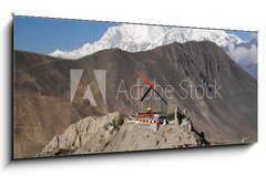 Obraz s hodinami 1D panorama - 120 x 50 cm F_AB33766508 - Buddhist Monastery and Dhaulagiri peak, Nepal - Buddhistický klášter a vrchol Dhaulagiri, Nepál