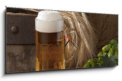 Obraz s hodinami 1D panorama - 120 x 50 cm F_AB33797507 - beer with barley and hops - pivo s jemenem a chmelem
