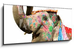 Obraz s hodinami 1D panorama - 120 x 50 cm F_AB33964152 - hand painted elephant profile, Jaipur, Rajasthan,India - run malovan profil slon, Jaipur, Rajasthan, Indie