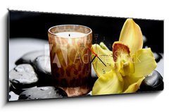 Obraz s hodinami   aromatherapy candle and zen stones with yellow orchid reflection, 120 x 50 cm