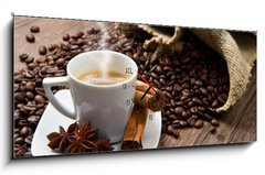 Obraz s hodinami 1D panorama - 120 x 50 cm F_AB35054007 - Coffee cup with burlap sack of roasted beans on rustic table - Kvov lek s pytlovm pytlem praench fazol na rustiklnm stole