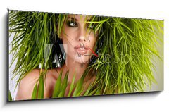 Obraz s hodinami 1D panorama - 120 x 50 cm F_AB35695841 - Young  woman and abstract green hair - Mlad ena a abstraktn zelen vlasy