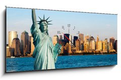 Obraz s hodinami 1D - 120 x 50 cm F_AB36398482 - New York Manhattan statue de la Liberté - New York Manhattan socha de Liberté