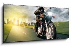 Obraz s hodinami 1D panorama - 120 x 50 cm F_AB36497875 - Motorbike and City