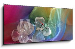 Obraz s hodinami 1D panorama - 120 x 50 cm F_AB36970802 - Clear quartz crystals on chiffron background - Jasné křemenné krystaly na pozadí chiffron