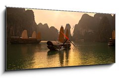 Obraz s hodinami 1D - 120 x 50 cm F_AB36996949 - Halong Bay, Vietnam. Unesco World Heritage Site. - Halong Bay, Vietnam. Světové dědictví UNESCO.