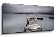 Obraz s hodinami 1D panorama - 120 x 50 cm F_AB37069387 - pier and boat, low saturation - molo a loď, nízká nasycení